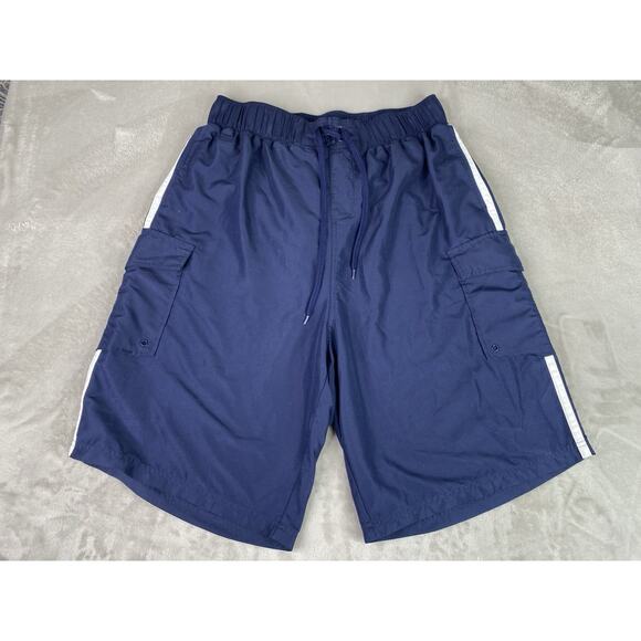 KS Island Men’s Big & Tall Navy Blue Double Stripe Swim Board Shorts - Picture 3 of 13